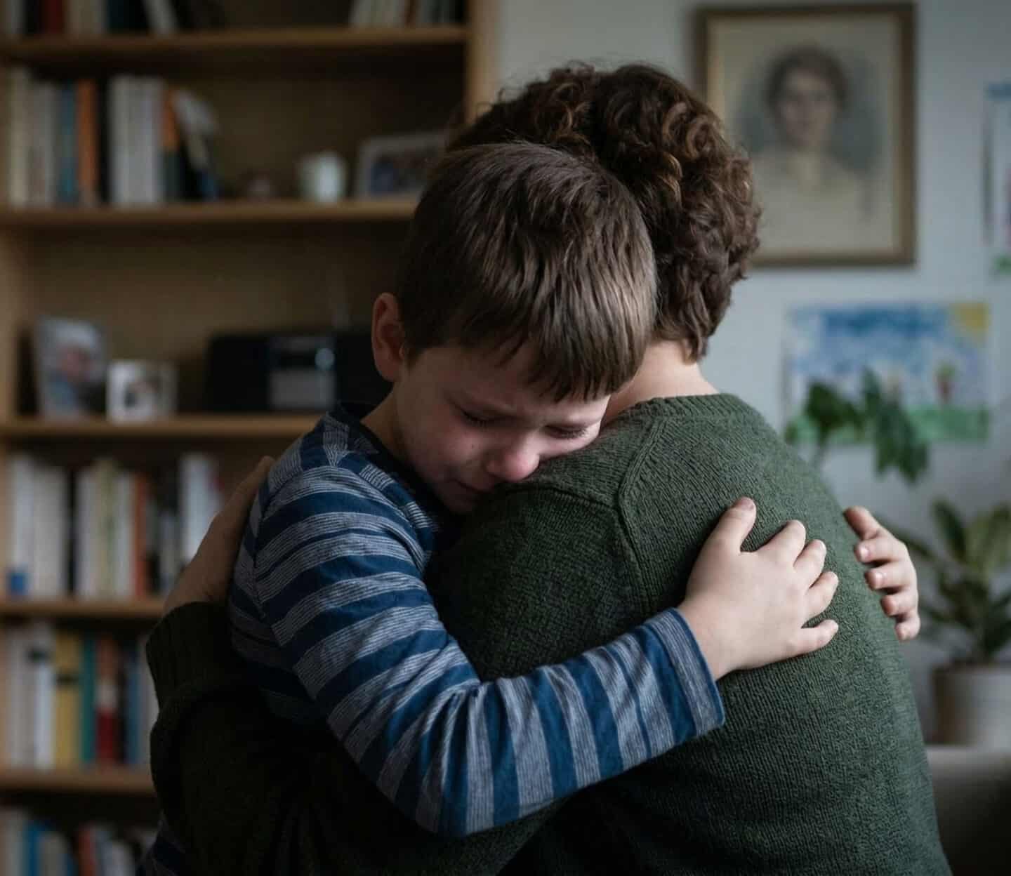 child grieving and hugging adult
